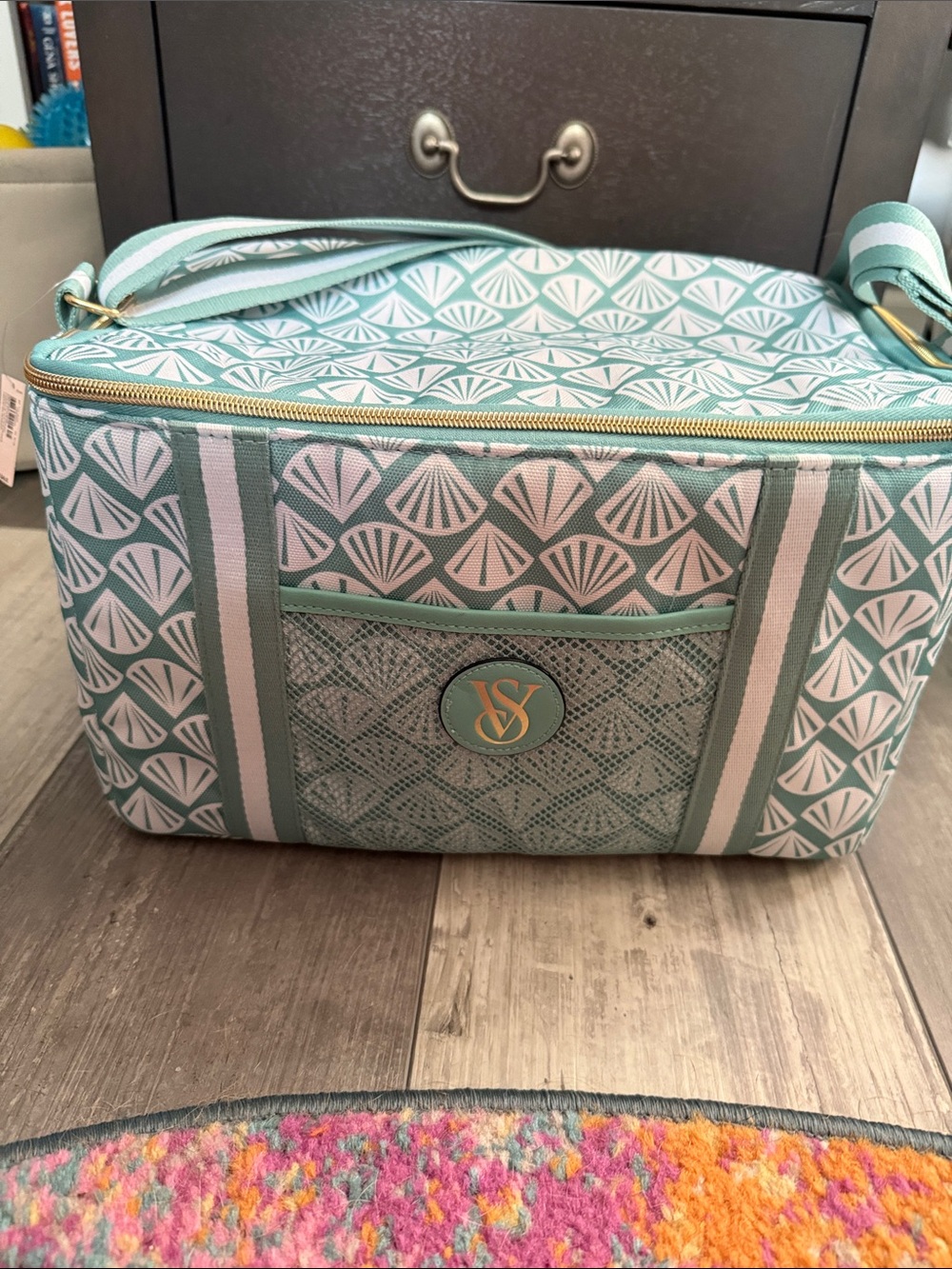 Victoria's Secret Mint & White Geometric Insulated Cooler Bag with Gold Logo